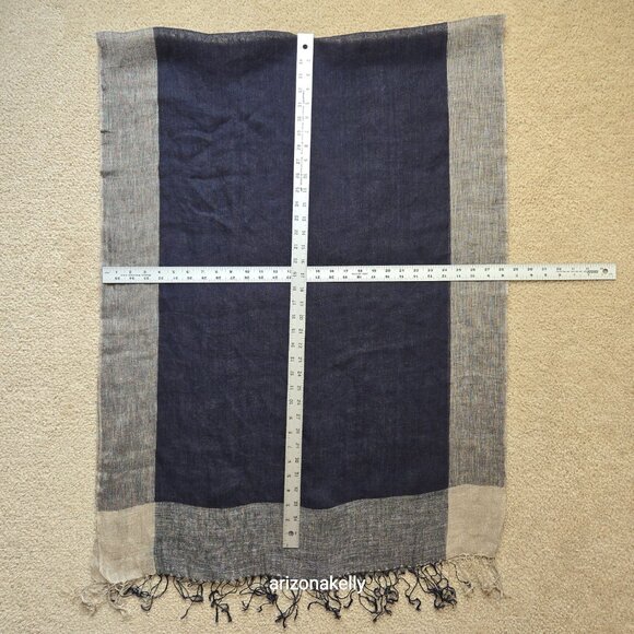 NWOT Linen Scarf Navy Blue Tan - Picture 2 of 6